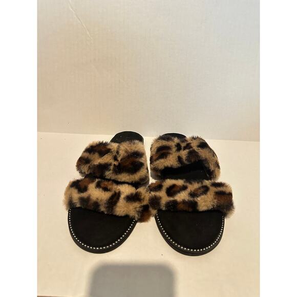 Women Cheetah Leopard Animal Print Fluffy Slippers Size 9 - Picture 3 of 6